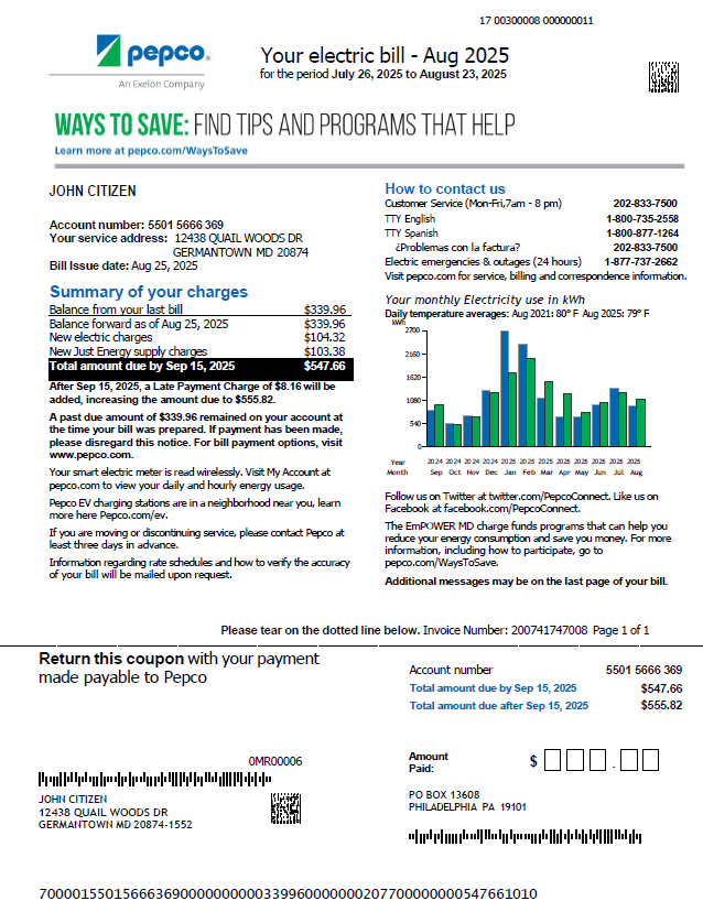 USA Pepco utility bill template in Word and PDF formats, version 2
